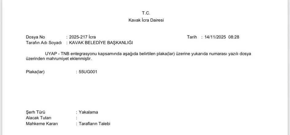 Kavak Belediyesi’nin makam aracına haciz ve yakalama kararı
