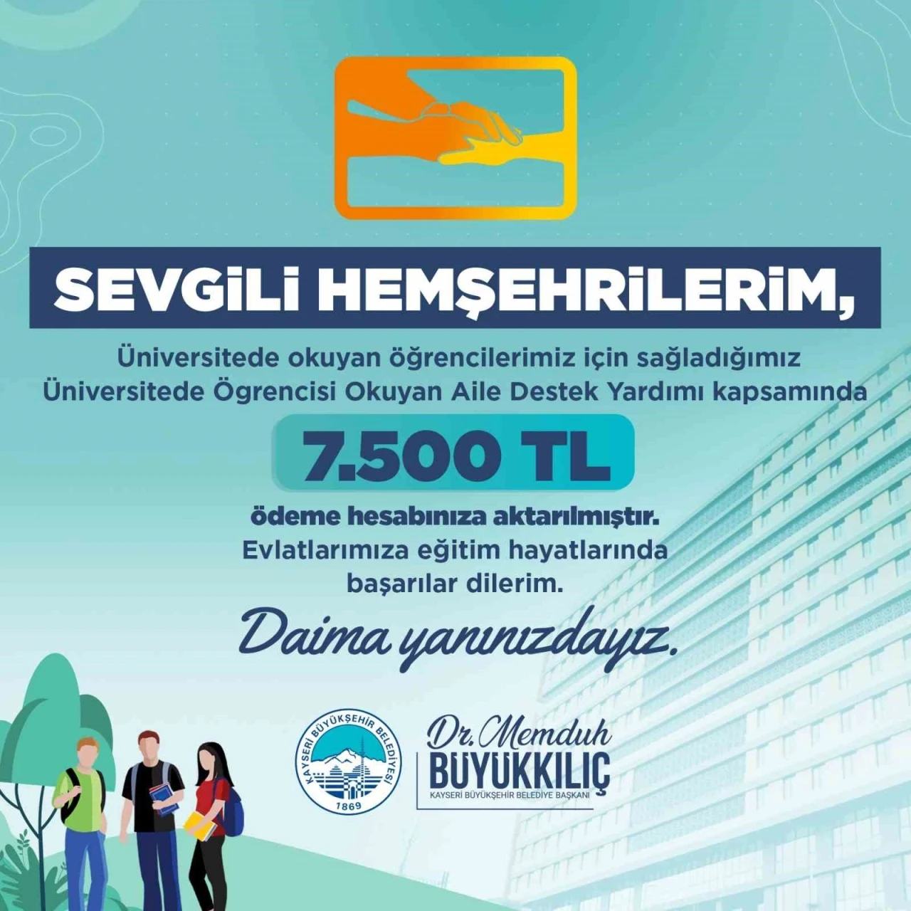 Kayseri&rsquo;de 22 milyon TL&rsquo;lik destek &ouml;demeleri &ouml;ğrencilerin hesaplarına aktarıldı
