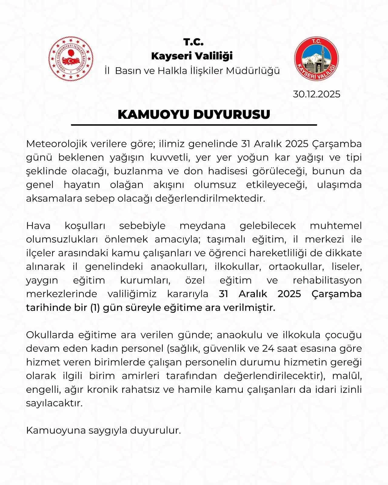 Kayseri&rsquo;de eğitime 1 g&uuml;n ara verildi
