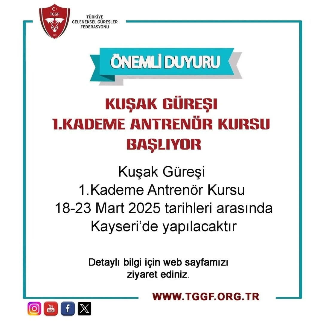 Kayseri’de Kuşak Güreşi 1. Kademe Antrenör Kursu açılacak