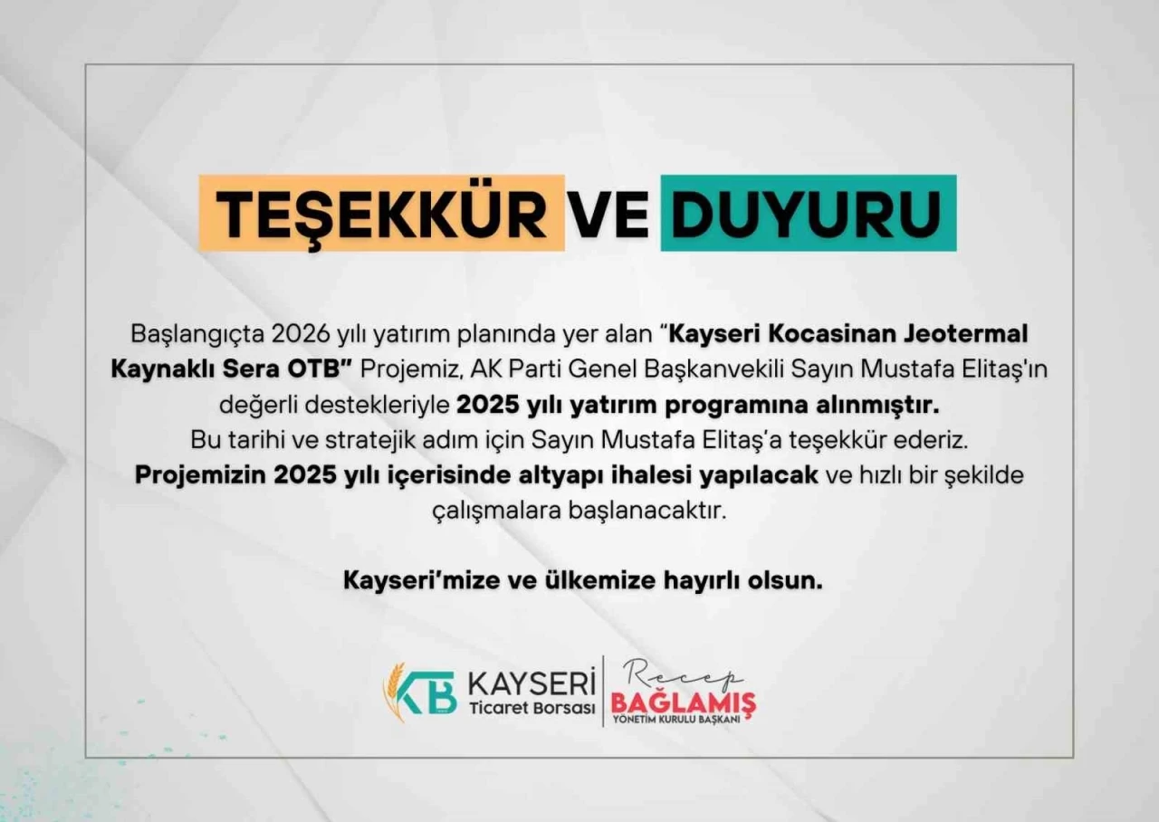 Kayseri Kocasinan Jeotermal Kaynaklı Sera OTB Projesi 2025 yatırım programına alındı

