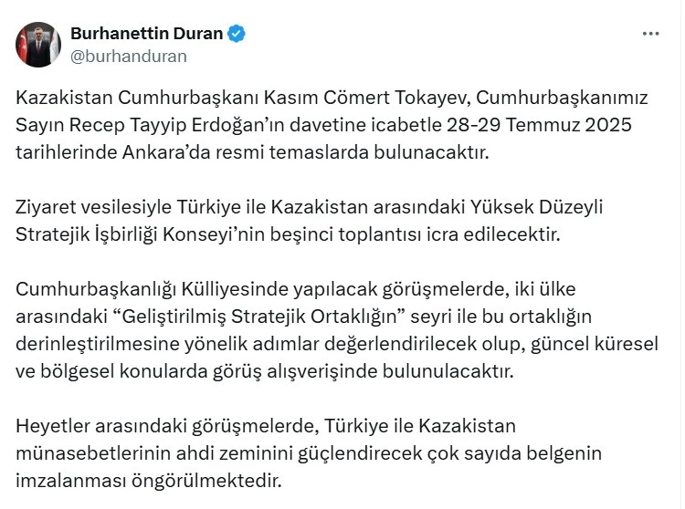 Kazakistan Cumhurbaşkanı Tokayev, Türkiye’ye geliyor
