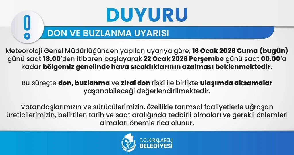 Kırklareli genelinde don ve buzlanma uyarısı: 6 g&uuml;n s&uuml;recek
