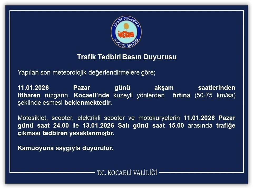 Kocaeli&rsquo;de motosiklet, scooter ve motokuryelerin trafiğe &ccedil;ıkışı yasaklandı
