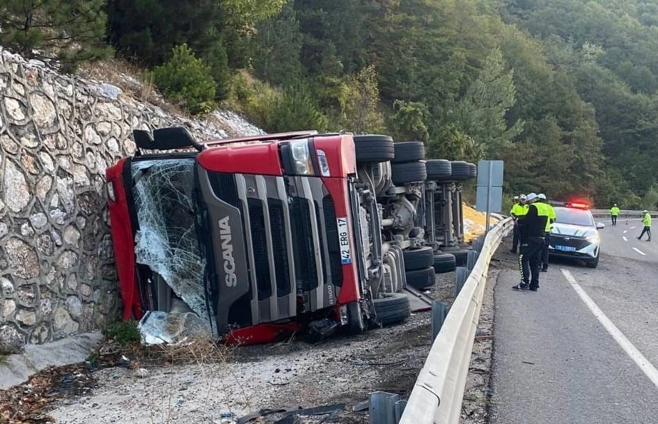 Kontrolden çıkan yem yüklü tır devrildi
