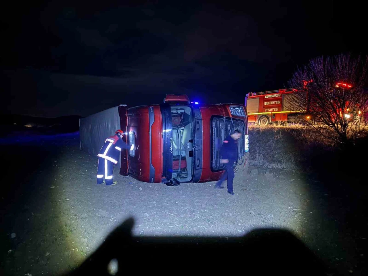 K&ouml;peğe &ccedil;arpmamak i&ccedil;in manevra yaptı, tır şarampole devrildi: 1 yaralı
