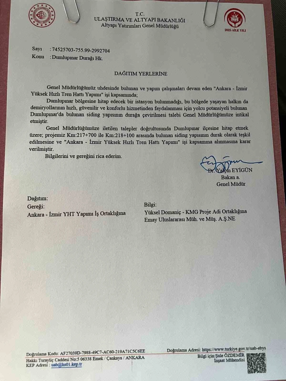 Kütahya Dumlupınar’a hızlı tren durağı müjdesi
