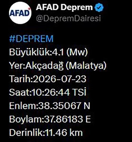 Malatya&rsquo;da 4.1 b&uuml;y&uuml;kl&uuml;ğ&uuml;nde deprem
