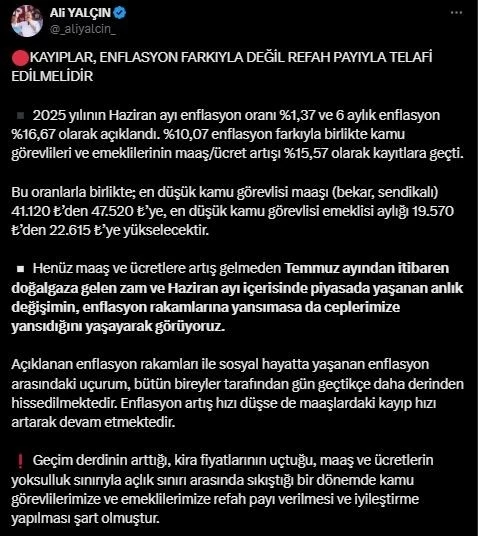 Memur-Sen Genel Başkanı Yalçın’dan &quot;refah payı ve iyileştirme&quot; talebi
