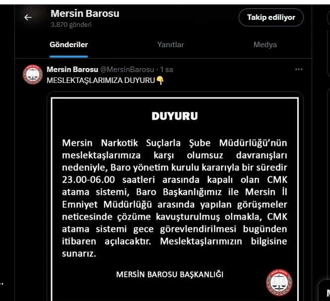 Mersin Barosu, CMK atama sistemini yeniden açtığını duyurdu
