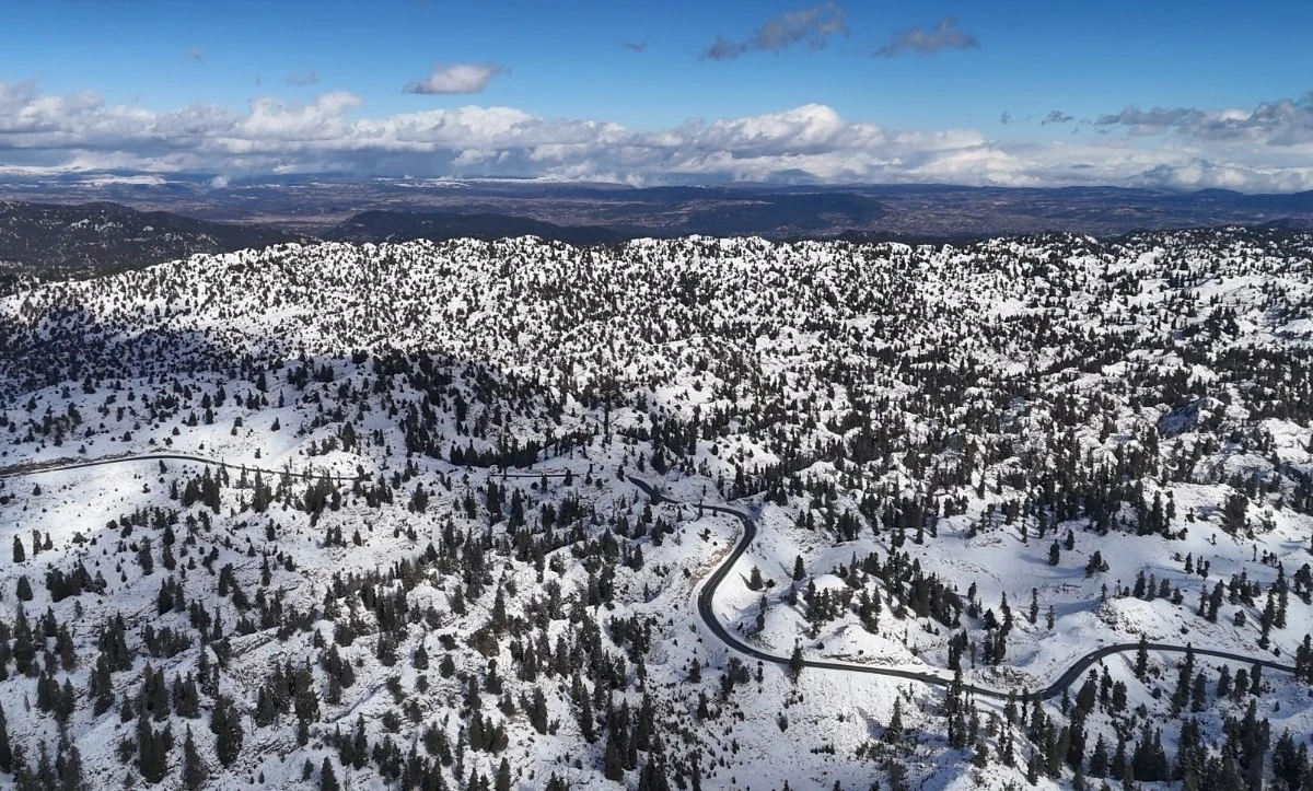 Mersin&rsquo;de karla kaplanan ormanlık alandan kartpotallık g&ouml;r&uuml;nt&uuml;ler
