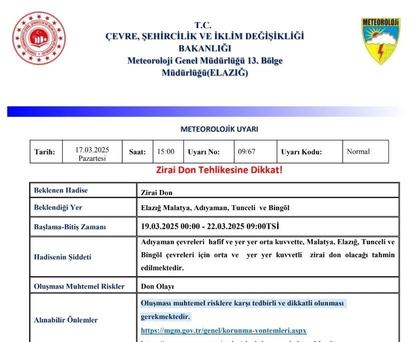 Meteorolojiden 5 il için zirai don uyarısı