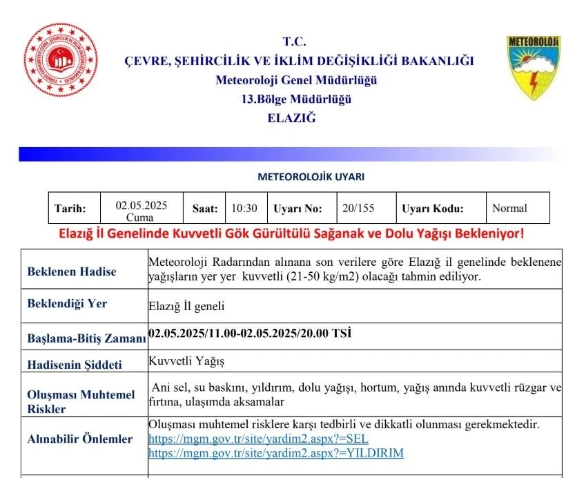 Meteorolojiden Elazığ’a &quot;kuvvetli yağış&quot; uyarısı
