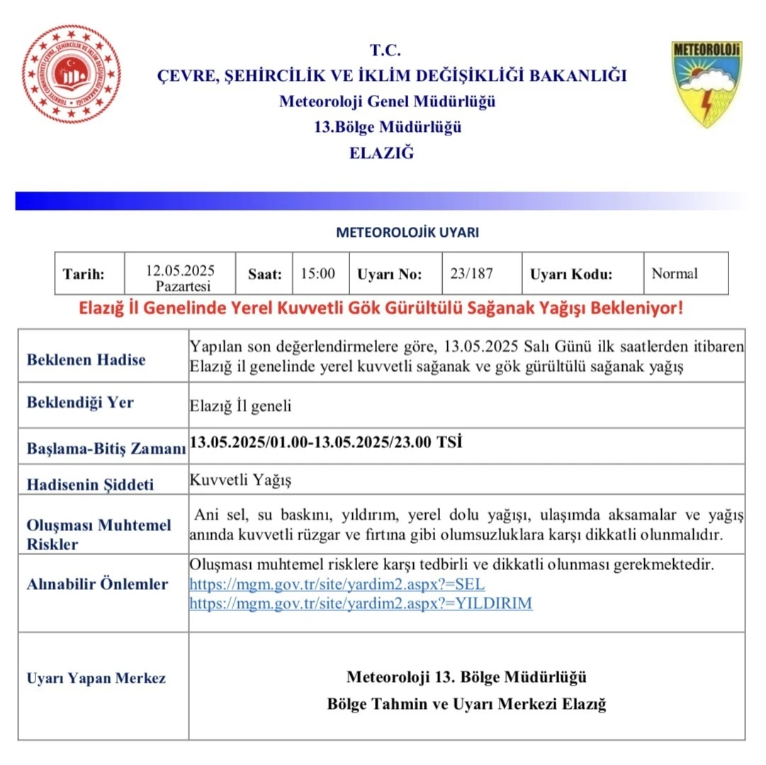 Meteorolojiden Elazığ için kuvvetli yağış uyarısı
