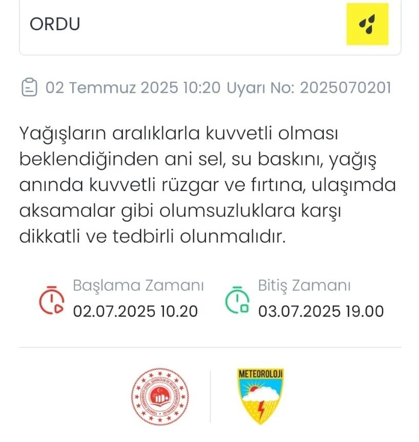Meteorolojiden Ordu için ‘sarı kodlu’ uyarı
