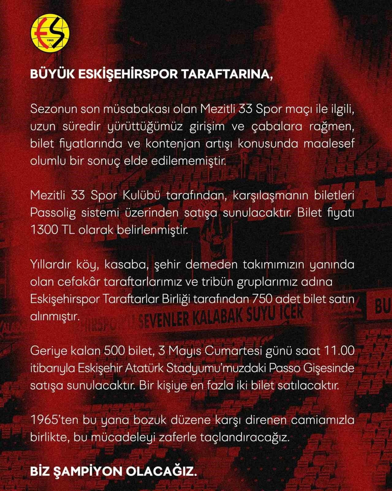 Mezitli 33 Spor karşılaşması için deplasman kontenjanı arttırılamadı
