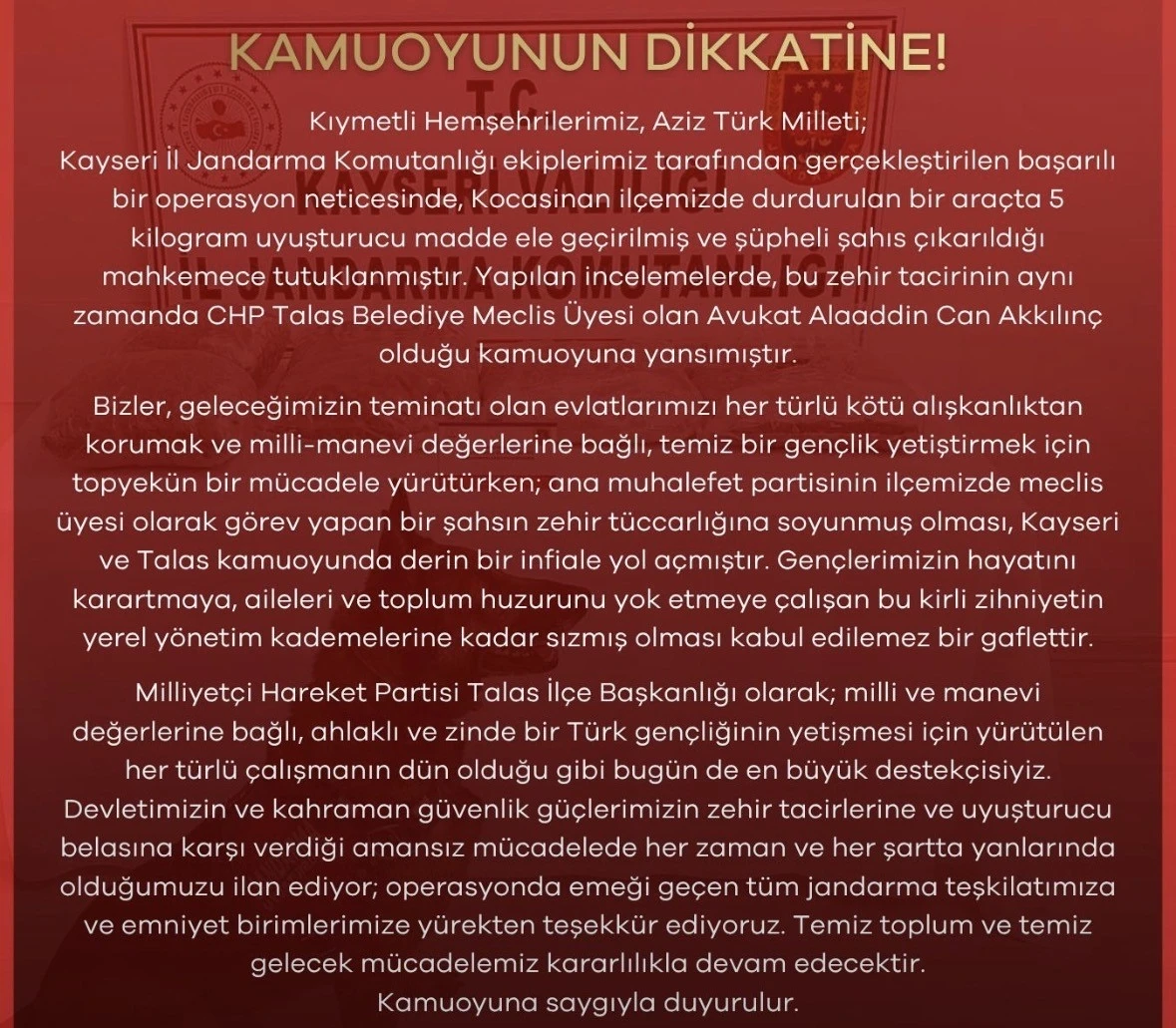 MHP&rsquo;den uyuşturucuyla yakalanan CHP&rsquo;li meclis &uuml;yesine tepki
