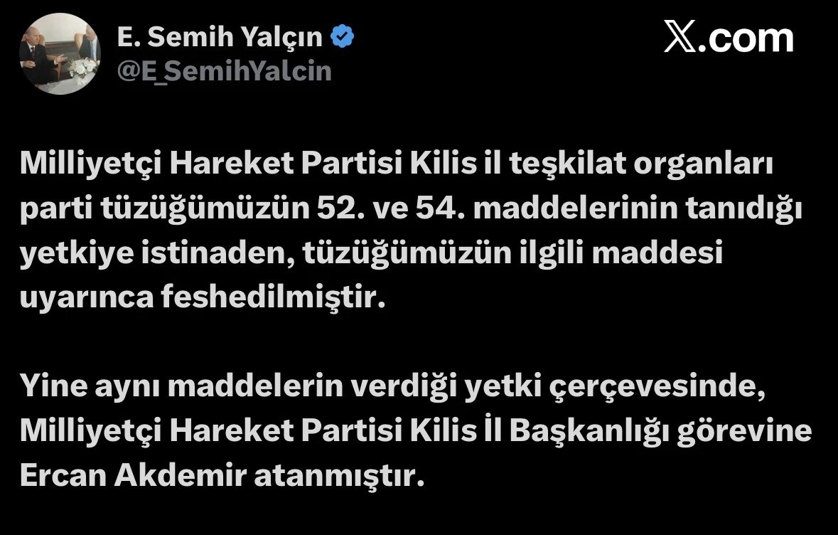 MHP Kilis İl Teşkilatı feshedildi
