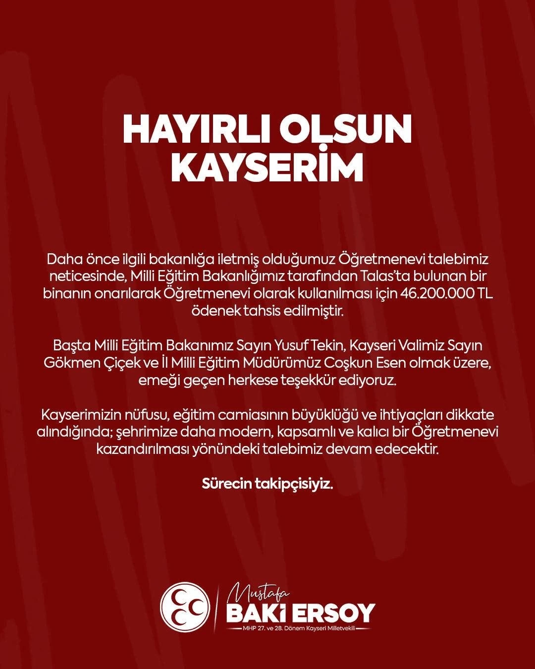 MHP’li Ersoy’dan Kayseri’ye ‘öÄŸretmenevi’ müjdesi