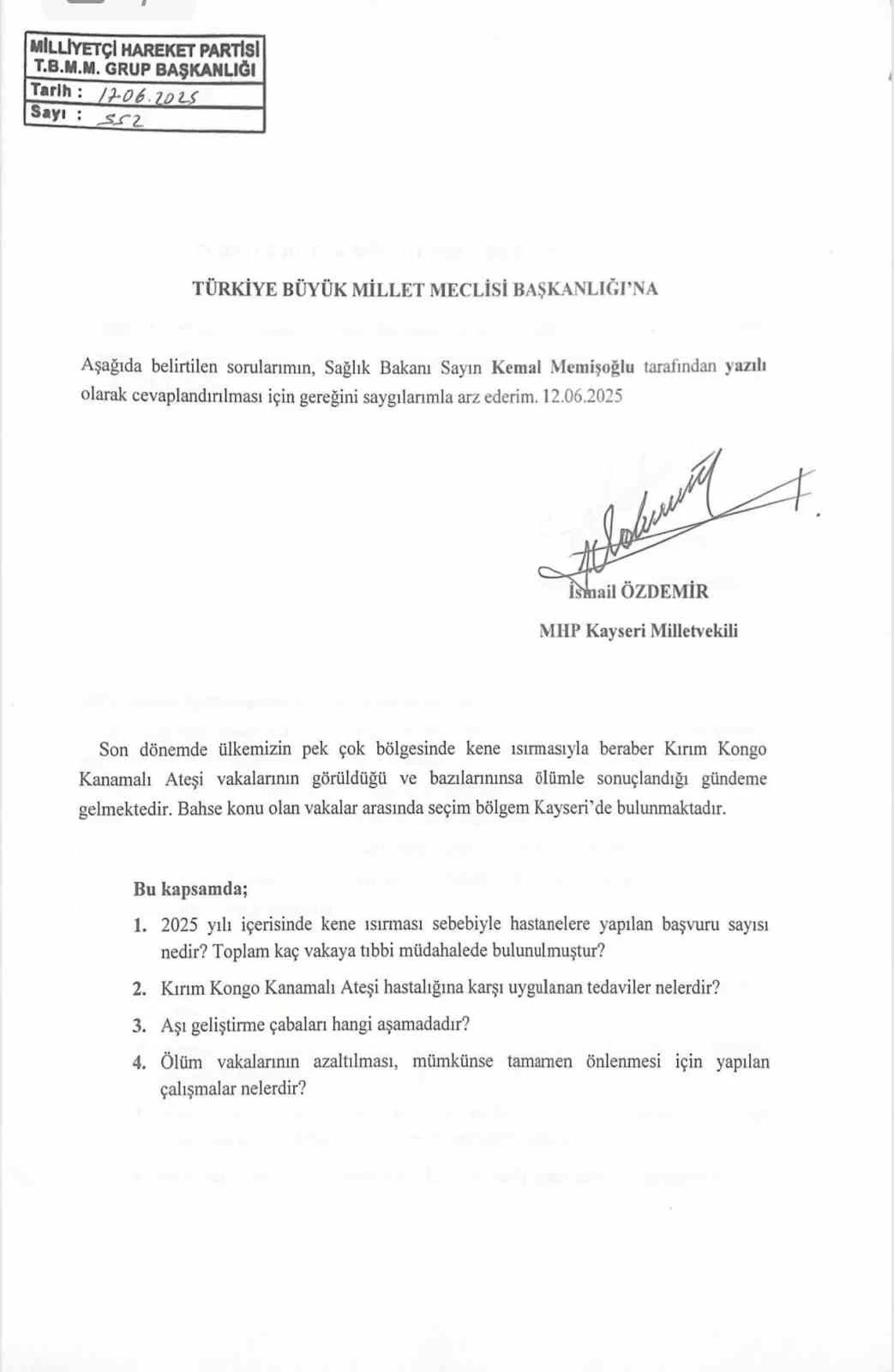 MHP’li Özdemir’den kene ısırığına soru önergesi
