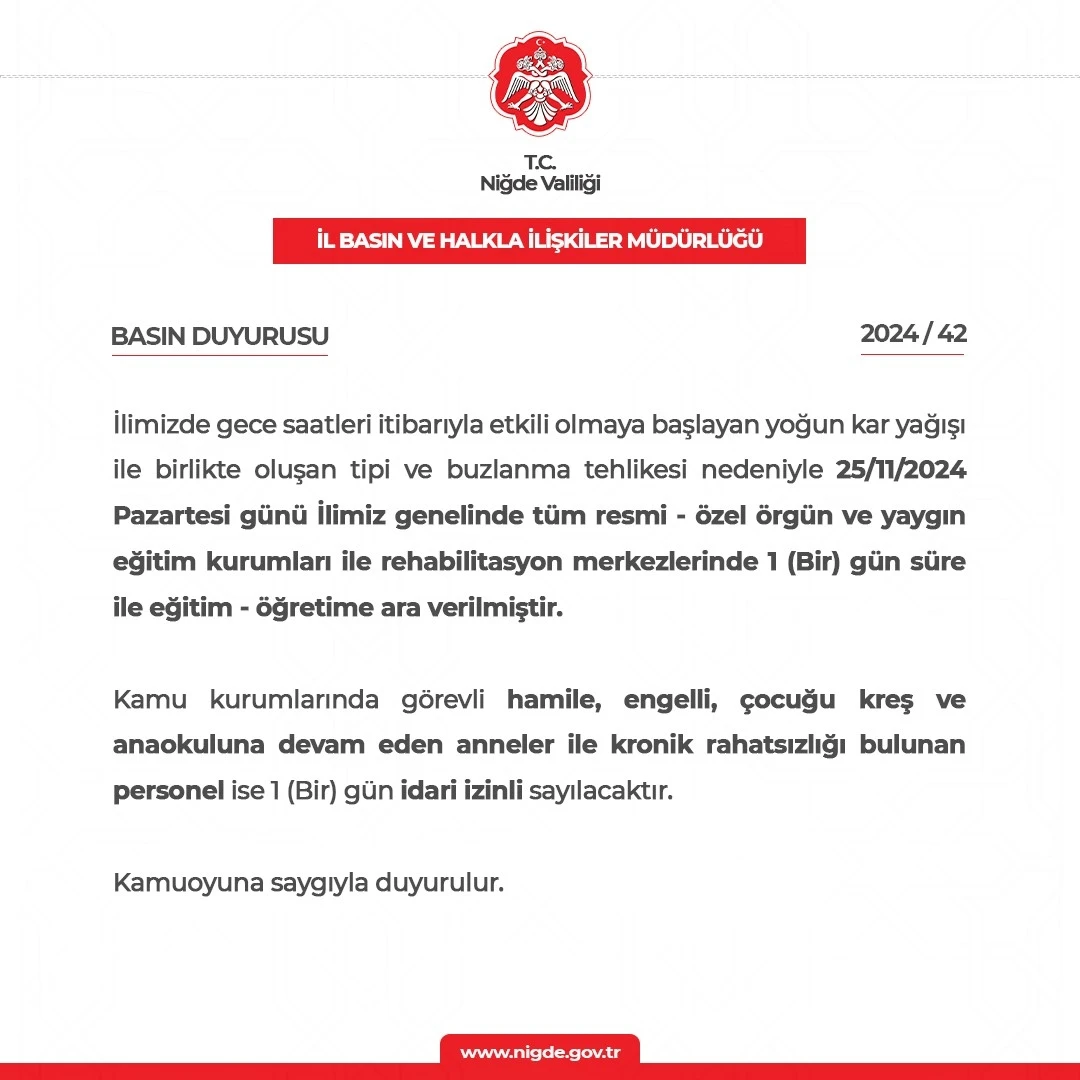 Niğde’de eğitime kar engeli