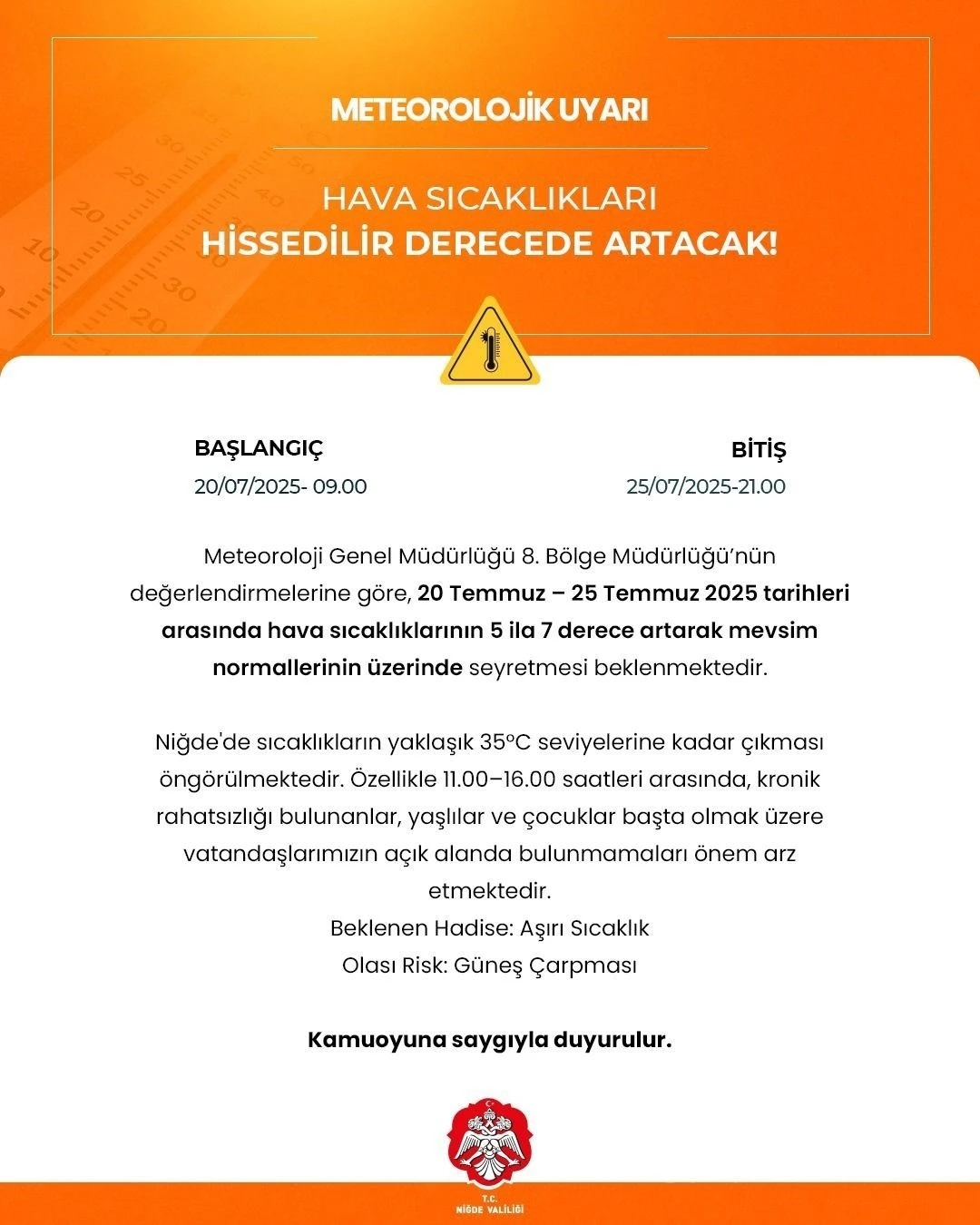 Niğde’de hava sıcaklıkları mevsim normallerinin üzerine çıkacak
