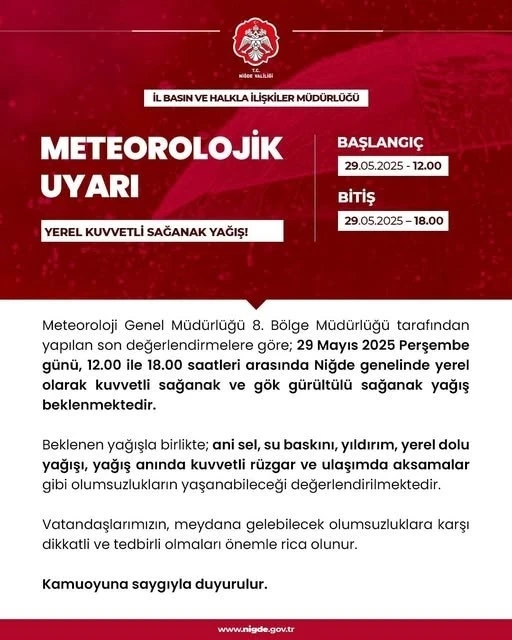 Niğde’de kuvvetli sağanak yağış uyarısı
