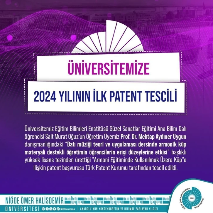 Niğde Ömer Halisdemir Üniversitesi 2024 yılının ilk patenti Türk Patent Kurumu tarafından tescil edildi
