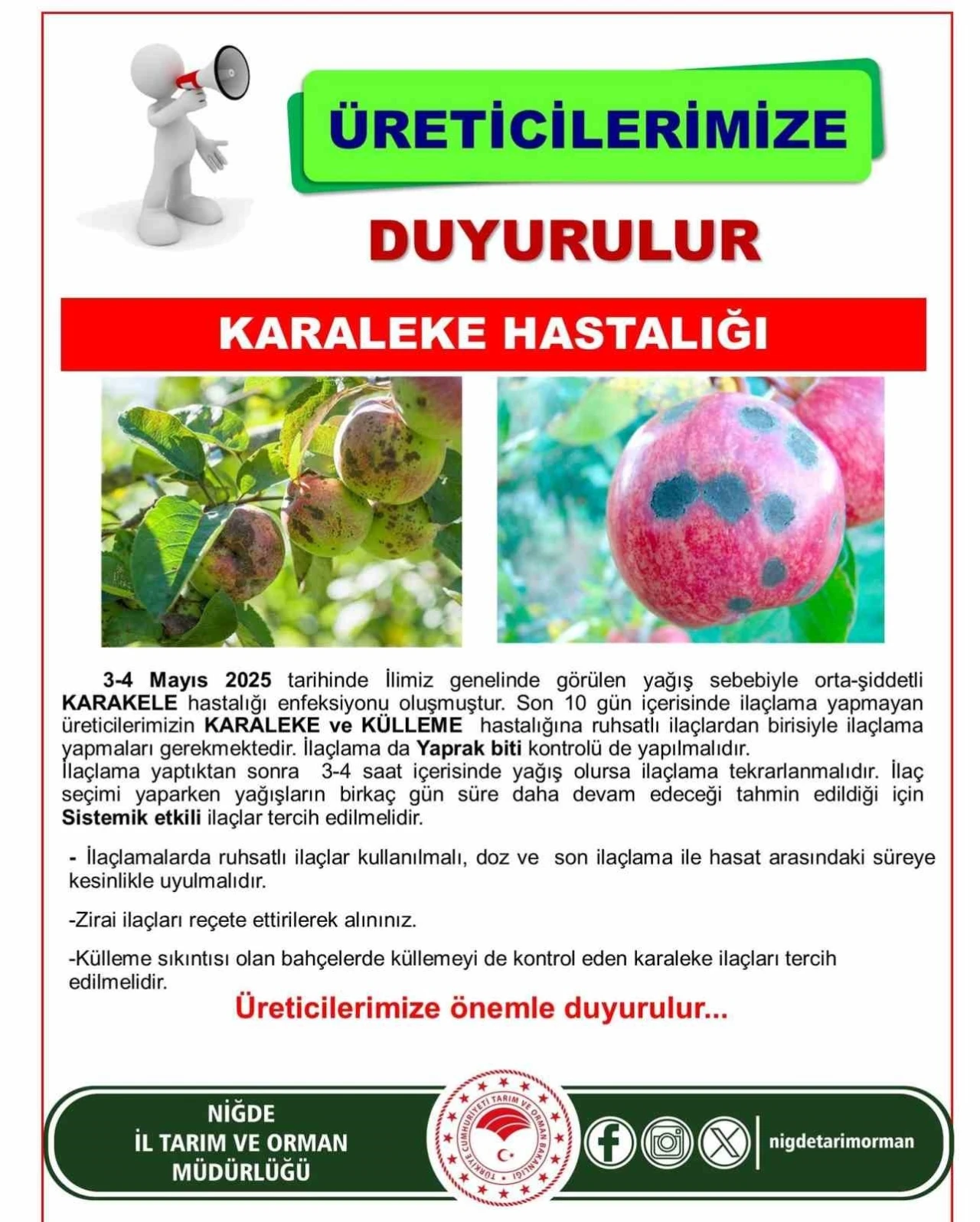 Niğde Tarım İl Müdürlüğü’nden Karaleke Uyarısı: Üreticiler ilaçlama yapmalı
