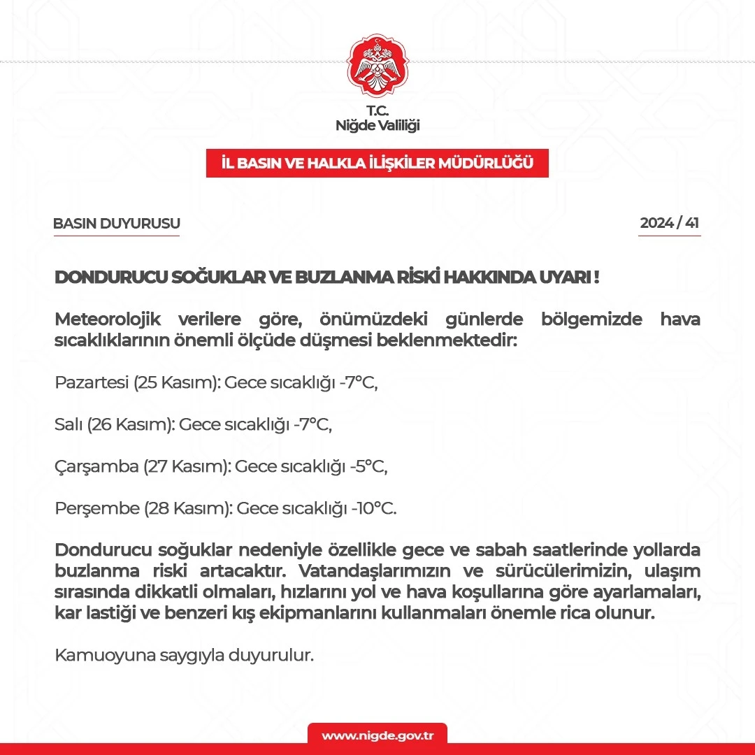 Niğde Valiliği’nden Buzlanma Uyarısı