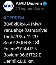 Osmaniye’de 4.4 büyüklüğünde deprem

