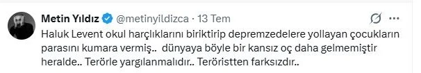 Oyuncu Metin Yıldız&rsquo;dan Haluk Levent&rsquo;e tepki: "Ter&ouml;rle yargılanmalıdır, ter&ouml;ristten farksızdır"
