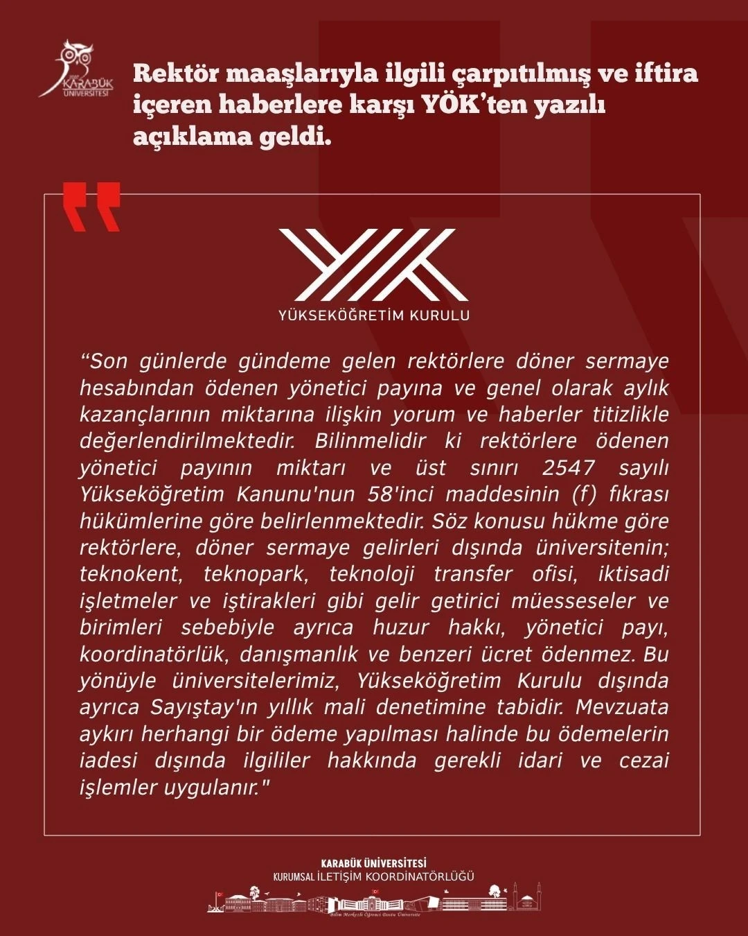 Rektör maaşı ile ilgili yapılan haberlere YÖK ve Üniversiteden yalanlama

