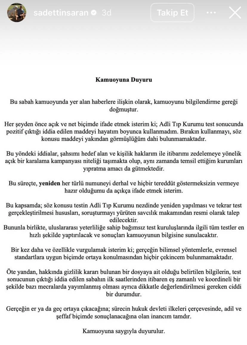 Sadettin Saran: "Test sonucunda pozitif &ccedil;ıktığı iddia edilen maddeyi hayatım boyunca kullanmadım"
