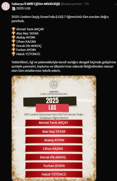 Sakarya’da 7 öğrenci 500 tam puan alarak LGS’de Türkiye birincisi oldu
