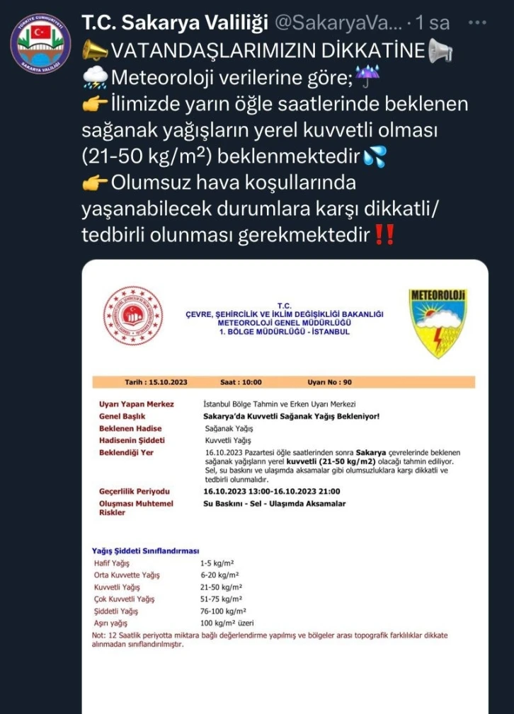 Sakarya&rsquo;da kuvvetli sağanak uyarısı
