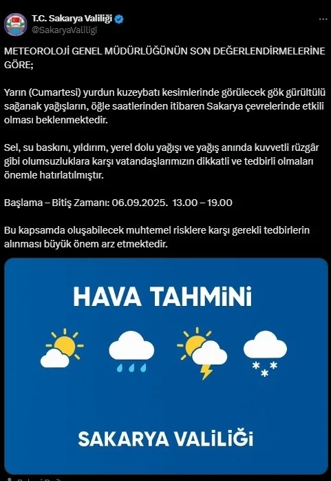 Sakarya’da kuvvetli sağanak yağış uyarısı
