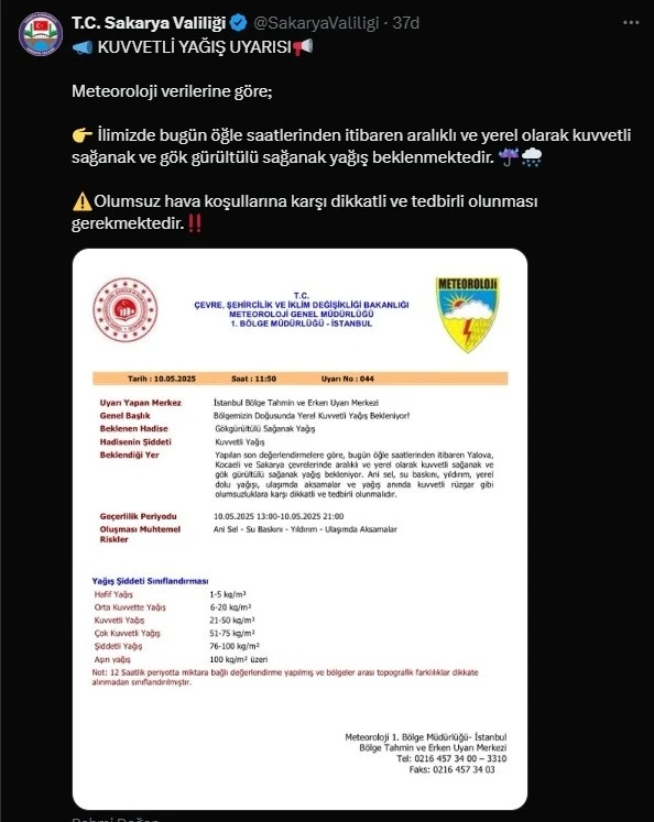 Sakarya’da kuvvetli yağış uyarısı

