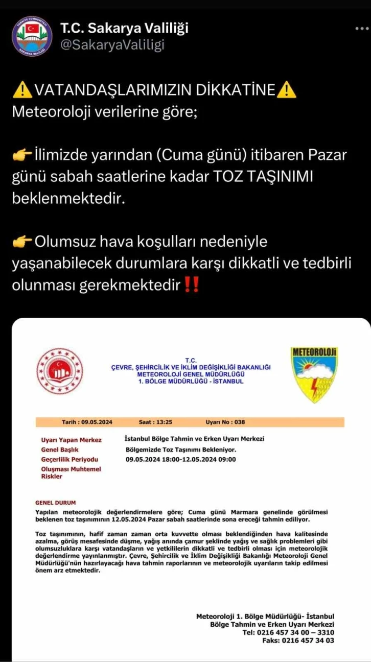 Sakarya Valiliğinden toz taşınımı uyarısı
