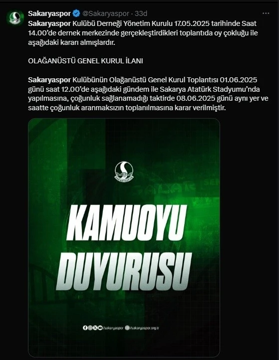 Sakaryaspor’da Olağanüstü Genel Kurul kararı
