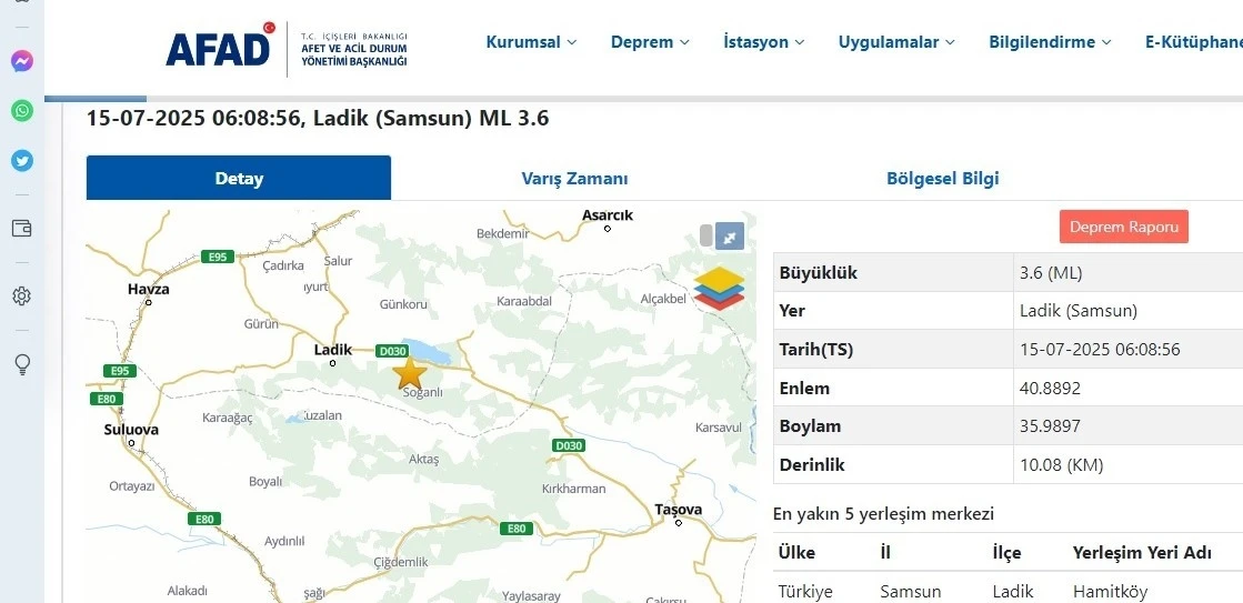 Samsun Ladik’te 3.6 büyüklüğünde deprem
