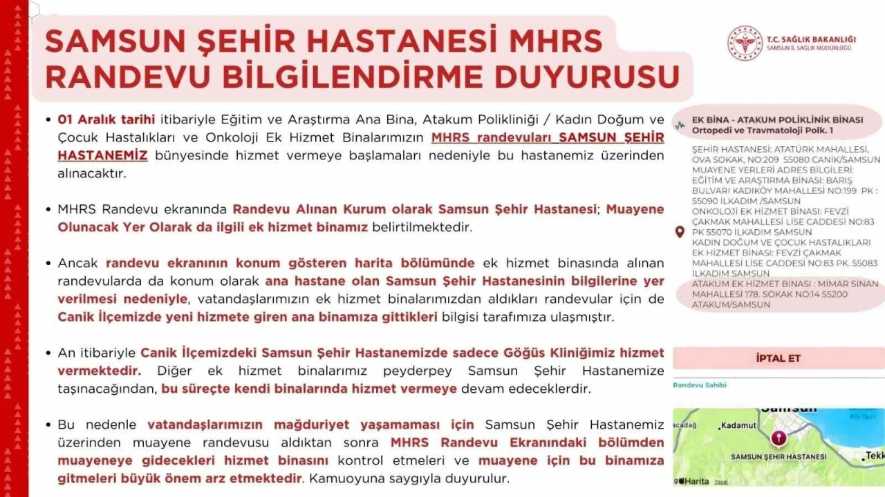 Samsun Şehir Hastanesi randevularında &quot;hizmet binası karışıklığı&quot;na dikkat
