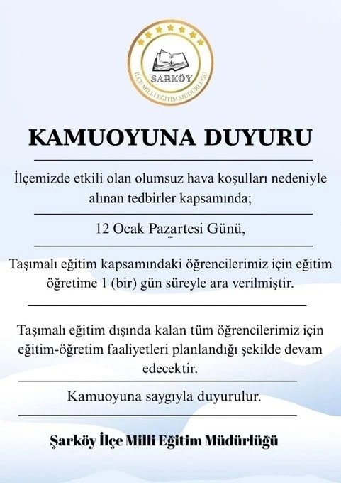 Şark&ouml;y&rsquo;de taşımalı eğitime bir g&uuml;n ara verildi
