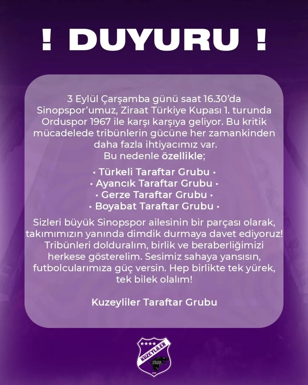 Sinopspor taraftarından destek çağrısı
