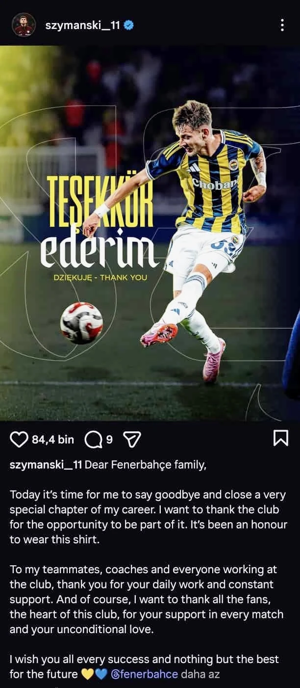 Szymanski, Fenerbah&ccedil;e&rsquo;ye veda etti
