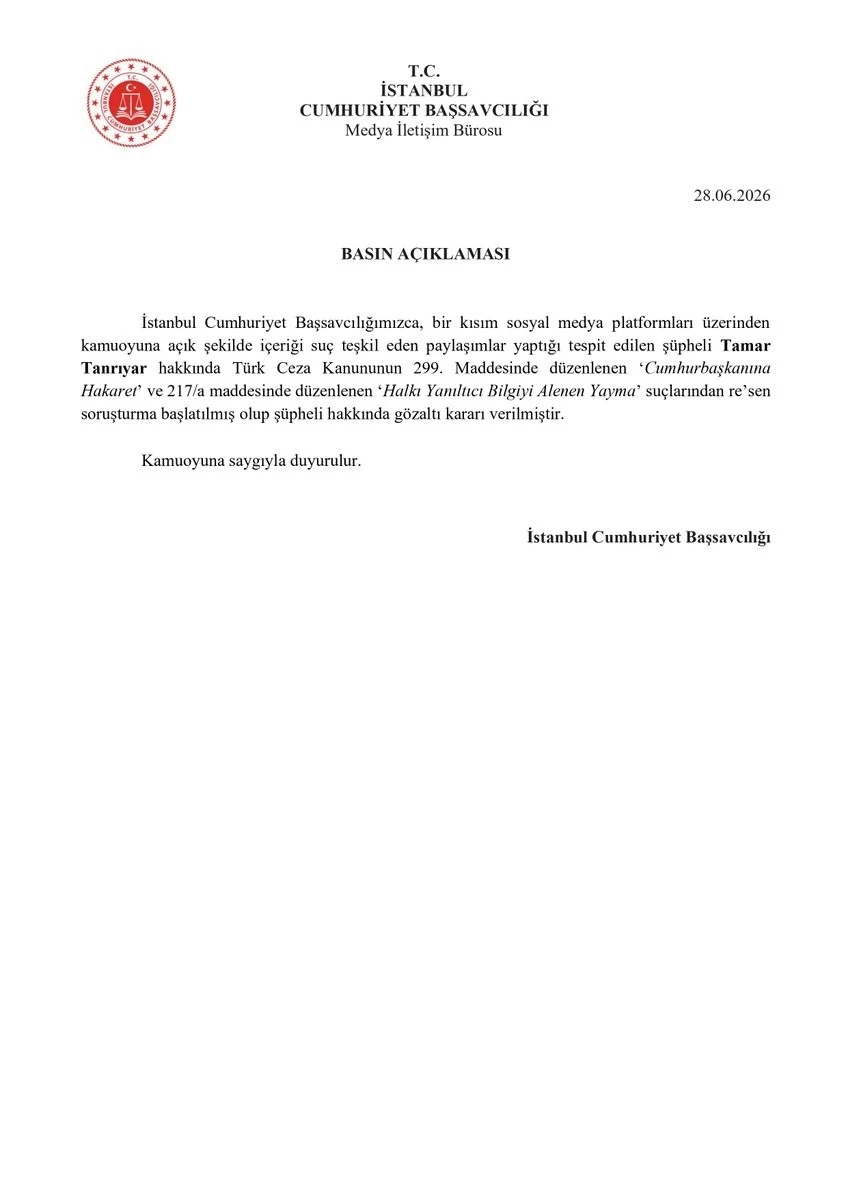 Tamar Tanrıyar hakkında sosyal medya paylaşımları nedeniyle g&ouml;zaltı kararı
