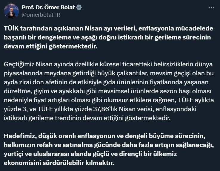 Ticaret Bakanı Bolat: &quot;Nisan verileri, enflasyondaki gerileme trendinin devam ettiğini göstermektedir&quot;

