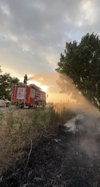 Tır lastiğinde &ccedil;ıkan yangın tarlaya sı&ccedil;ramadan s&ouml;nd&uuml;r&uuml;ld&uuml;
