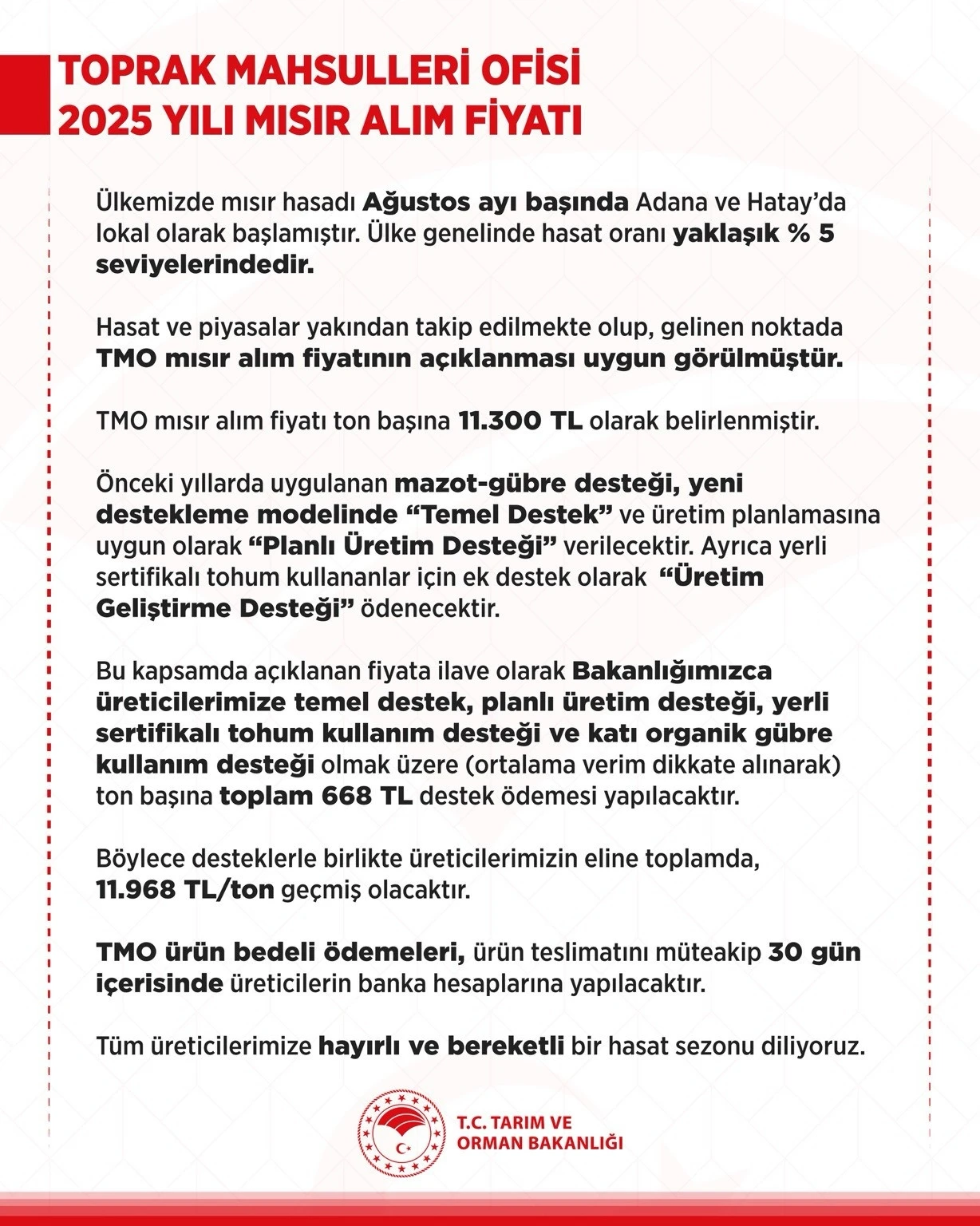 Toprak Mahsulleri Ofisi 2025 yılı mısır alım fiyatları belirlendi
