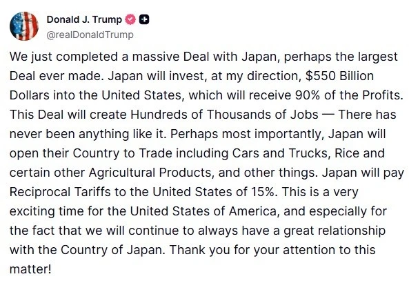 Trump, Japonya ile ticaret anlaşmasına varıldığını açıkladı: &quot;Japonya, ABD’ye yüzde 15’lik karşılıklı gümrük tarifesi ödeyecek&quot;
